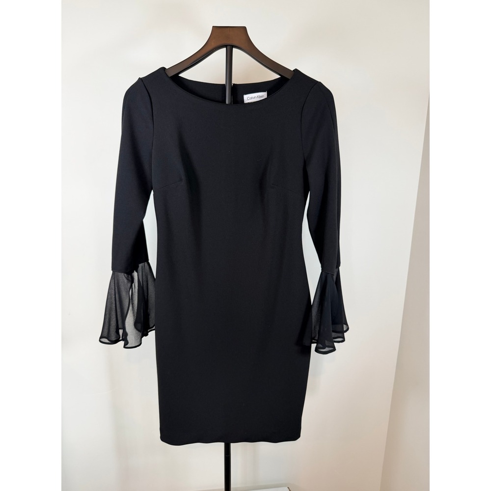 Calvin Klein Black Sheath Dress Chiffon Bell Sleeve Gold Zipper Size 6
